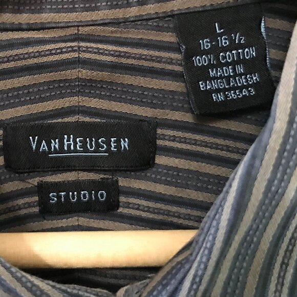 Van Heusen Men’s Shirt: Vintage Button-Down Long Sleeves Brown Stripes, Size L - Picture 3 of 9